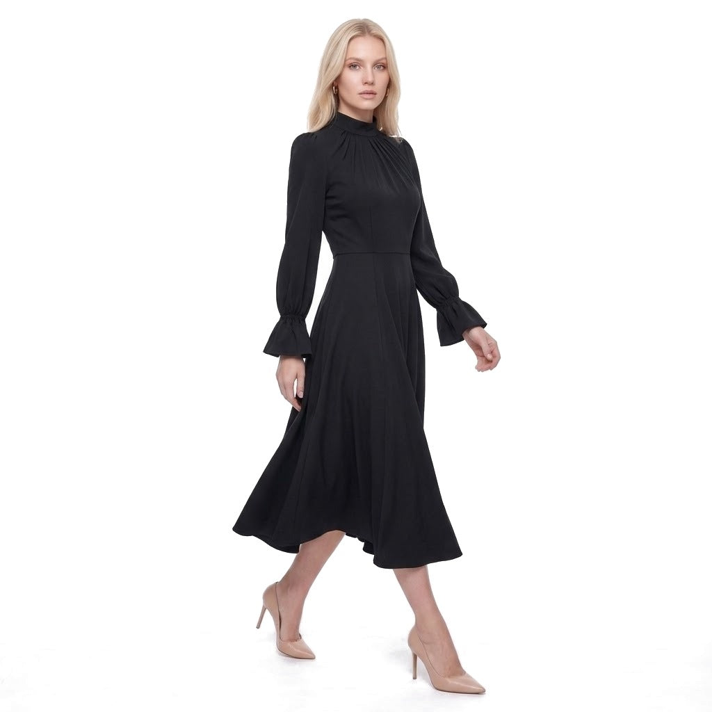 Ruched Stand Collar Bell Cuff Long Sleeve A-Line Midi Dress