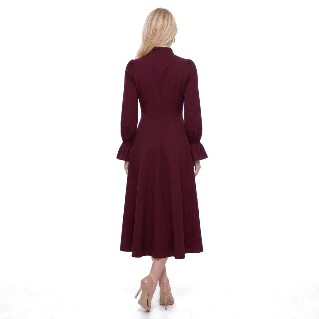 Ruched Stand Collar Bell Cuff Long Sleeve A-Line Midi Dress