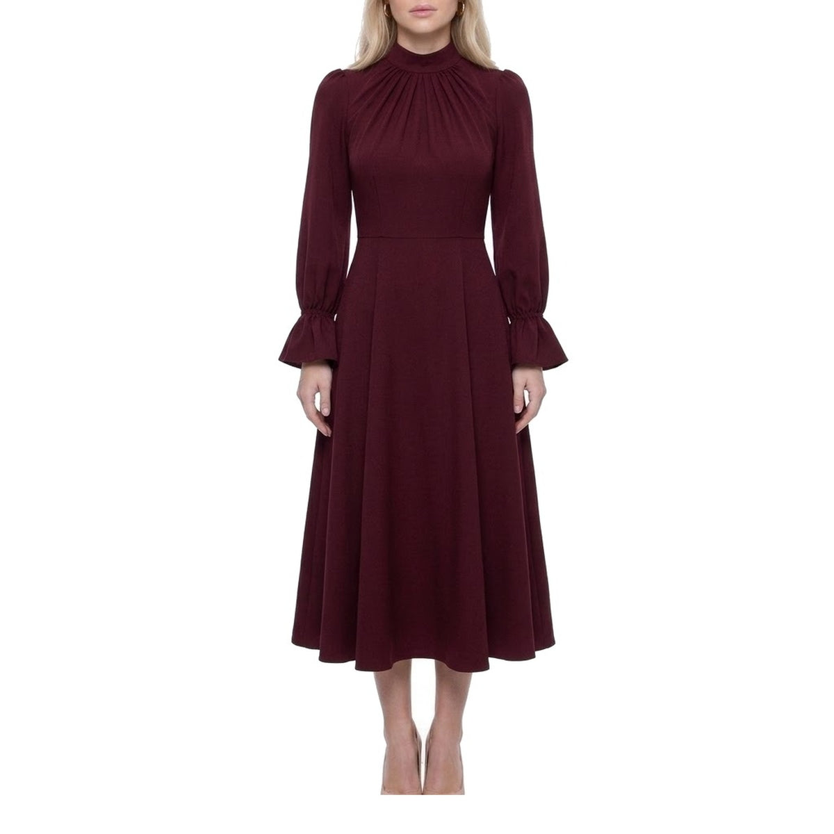 Ruched Stand Collar Bell Cuff Long Sleeve A-Line Midi Dress
