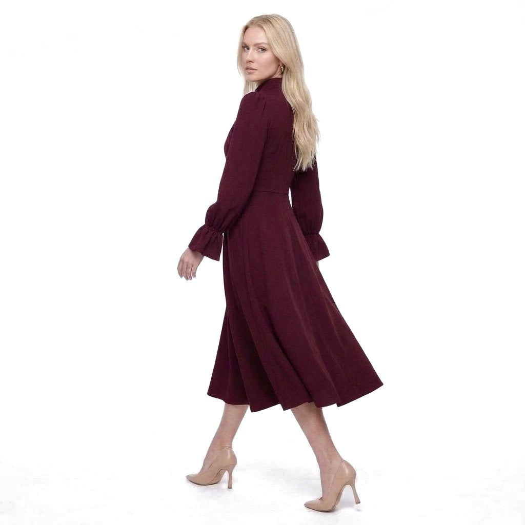 Ruched Stand Collar Bell Cuff Long Sleeve A-Line Midi Dress