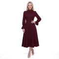 Ruched Stand Collar Bell Cuff Long Sleeve A-Line Midi Dress