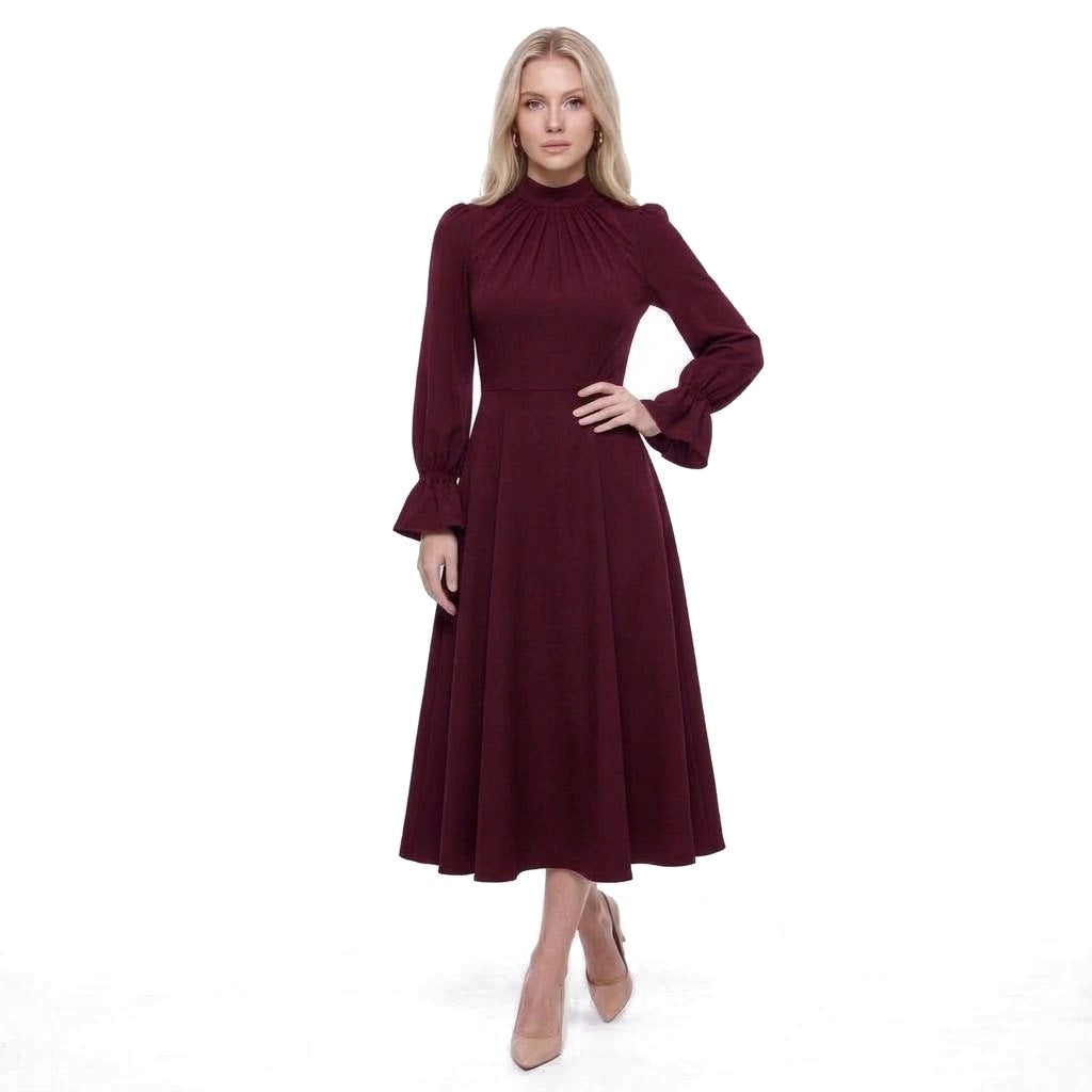 Ruched Stand Collar Bell Cuff Long Sleeve A-Line Midi Dress