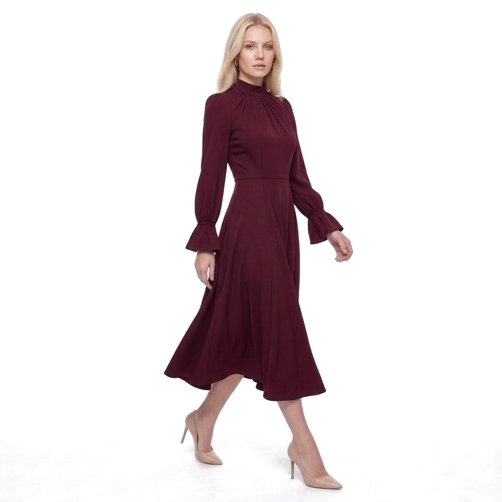 Ruched Stand Collar Bell Cuff Long Sleeve A-Line Midi Dress
