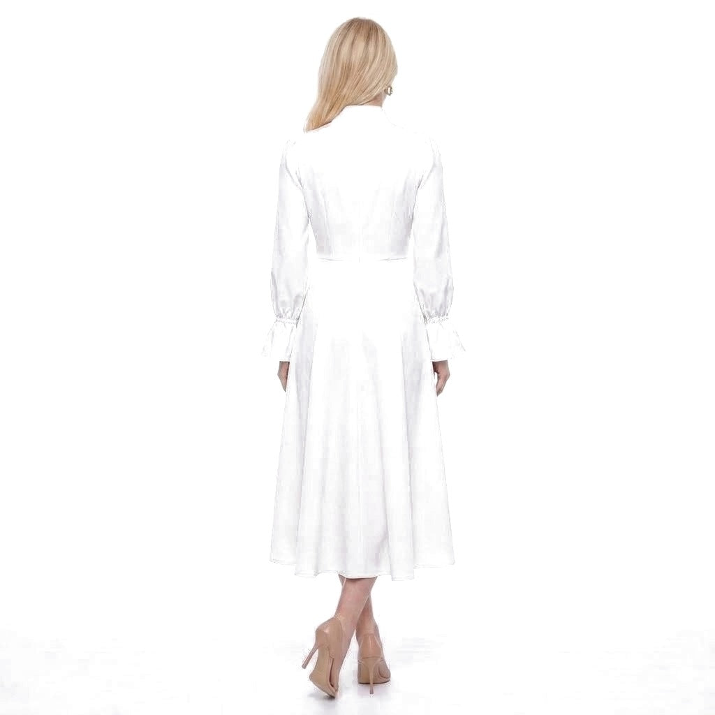 Ruched Stand Collar Bell Cuff Long Sleeve A-Line Midi Dress