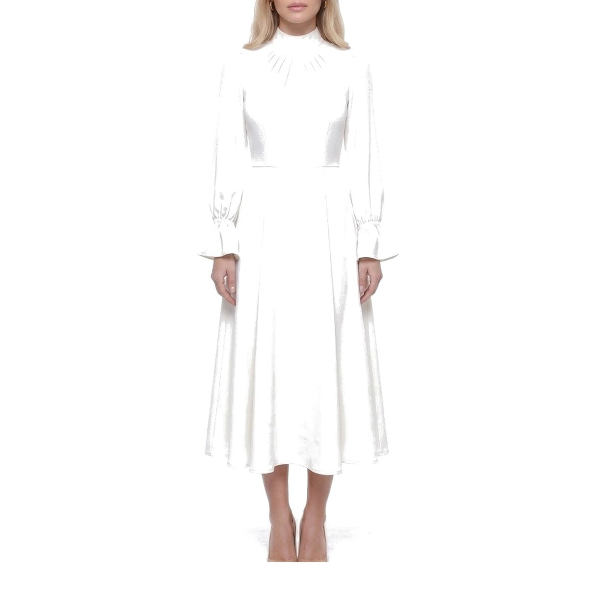 Ruched Stand Collar Bell Cuff Long Sleeve A-Line Midi Dress