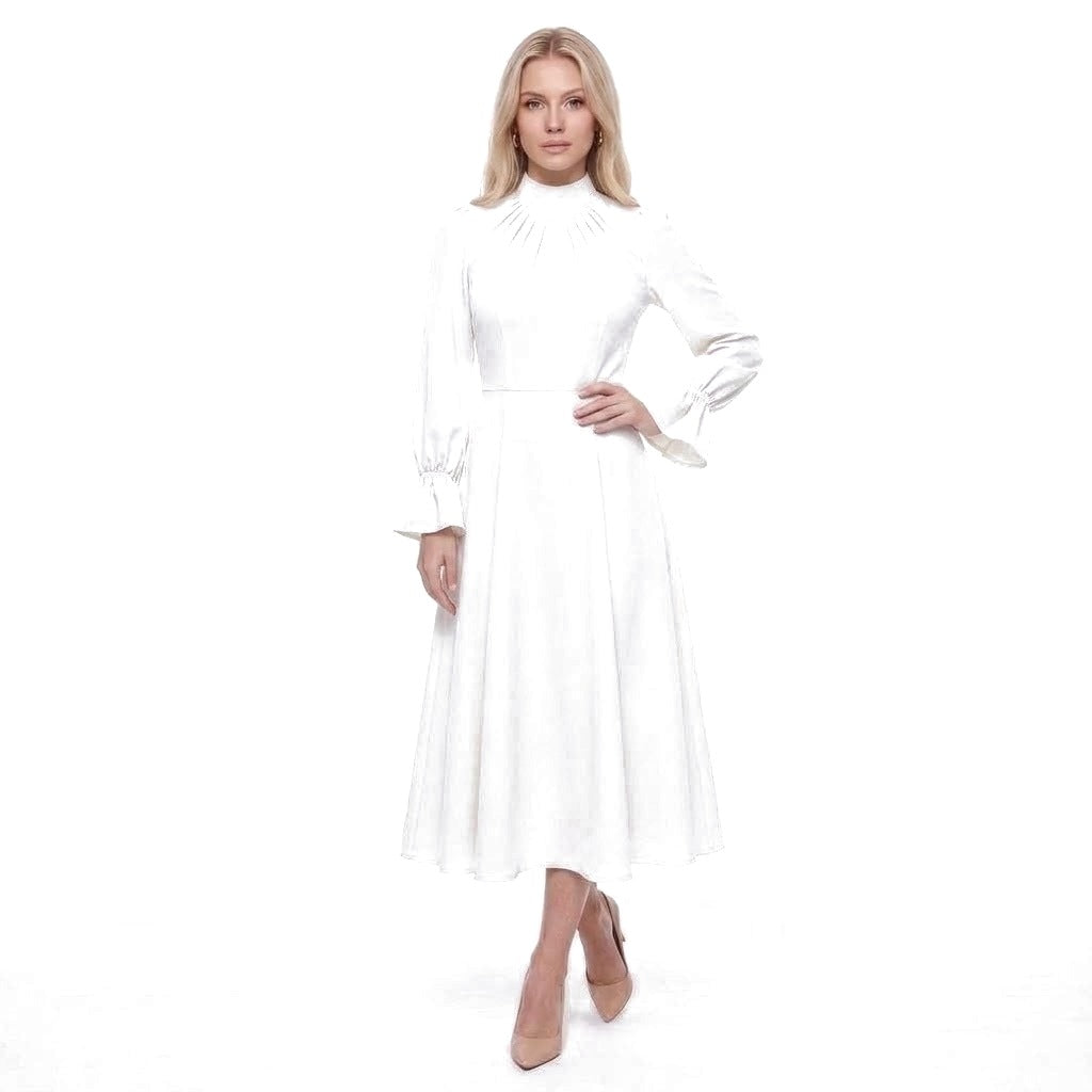 Ruched Stand Collar Bell Cuff Long Sleeve A-Line Midi Dress