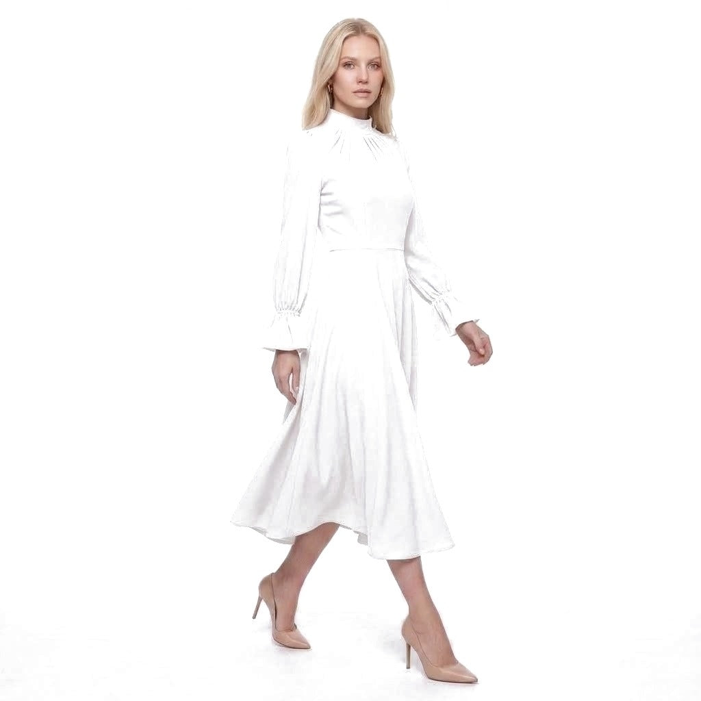 Ruched Stand Collar Bell Cuff Long Sleeve A-Line Midi Dress