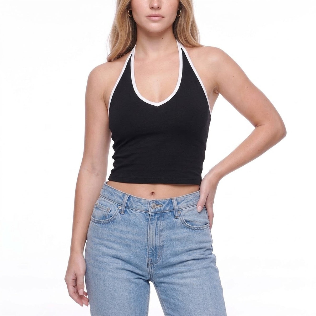 Contrast Trim Halter Neck V-Neck Padded Crop Tank Top