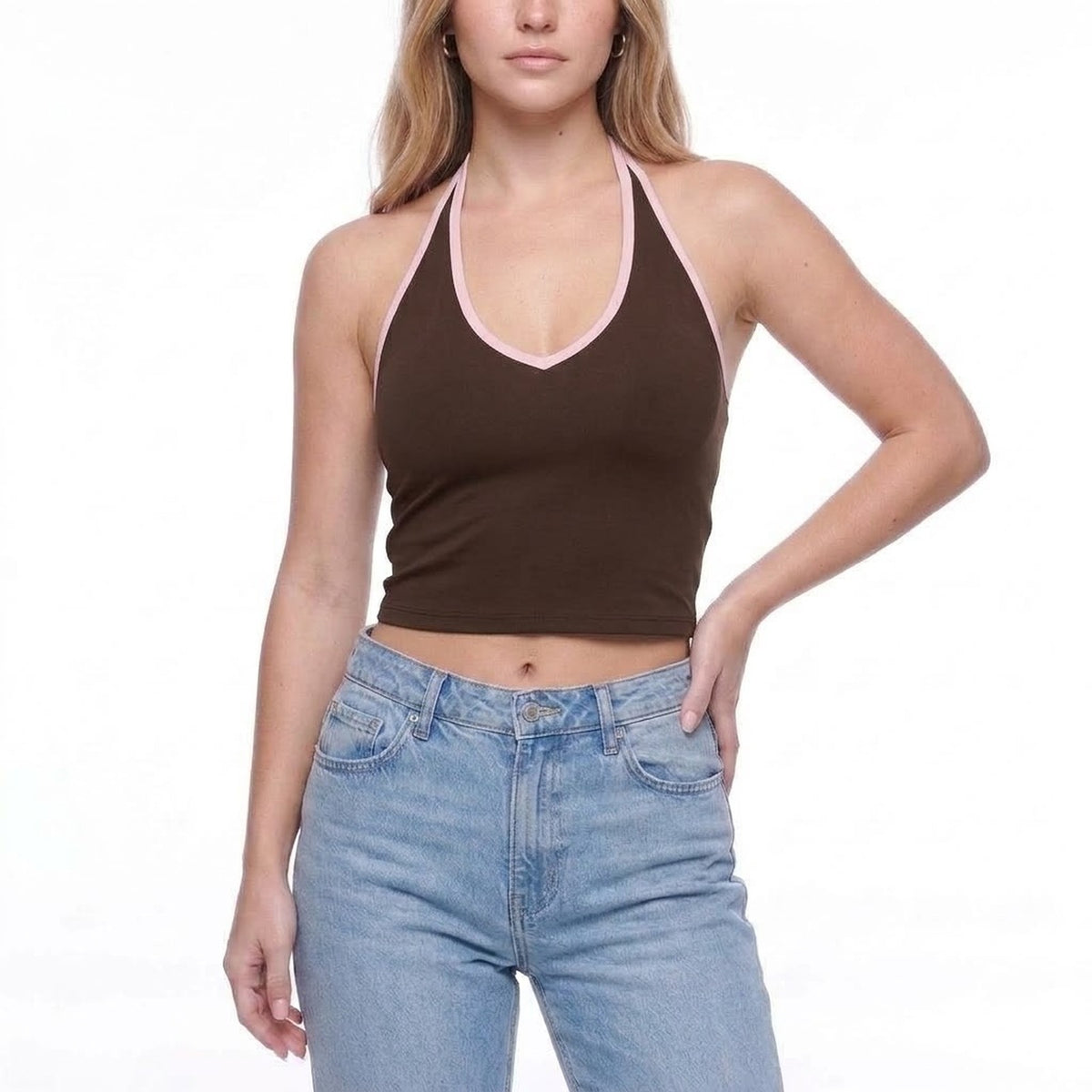 Contrast Trim Halter Neck V-Neck Padded Crop Tank Top