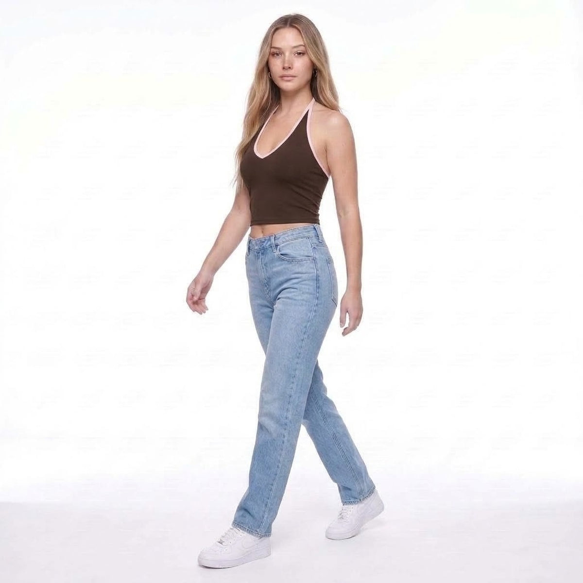 Contrast Trim Halter Neck V-Neck Padded Crop Tank Top