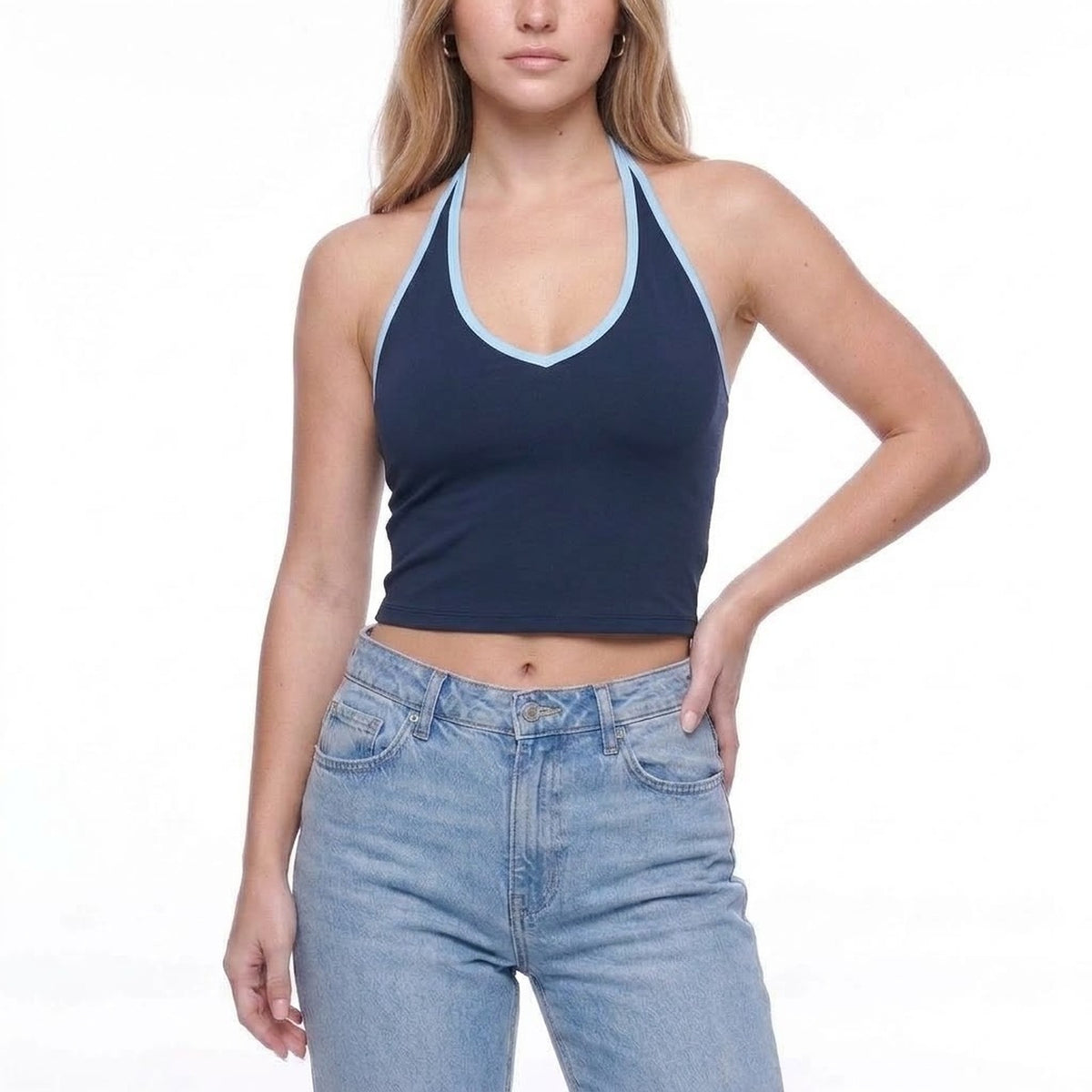 Contrast Trim Halter Neck V-Neck Padded Crop Tank Top