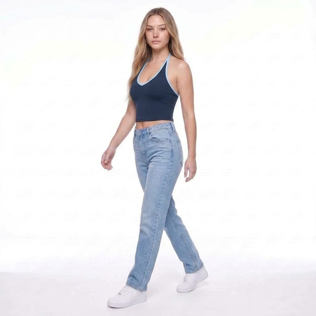 Contrast Trim Halter Neck V-Neck Padded Crop Tank Top