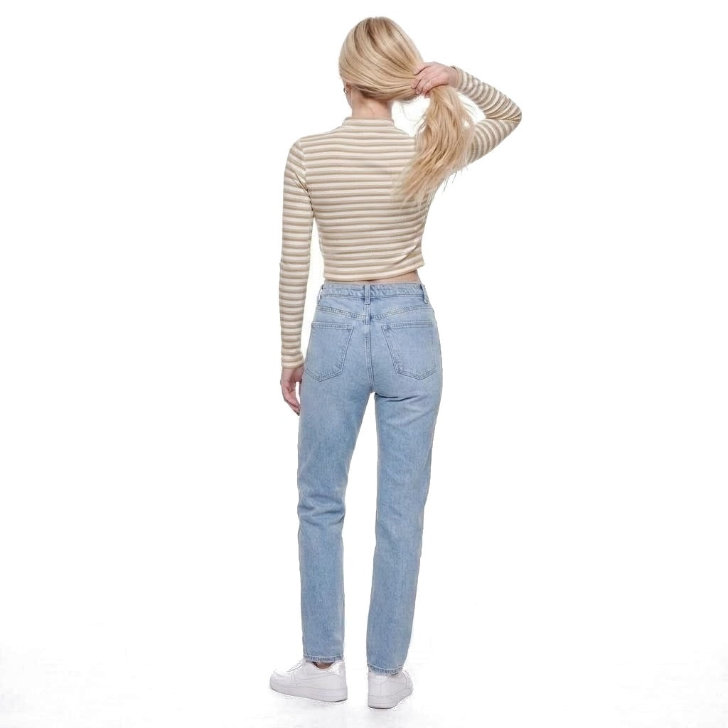 Striped Ribbed Stand Collar Zip Up Cropped Jacket