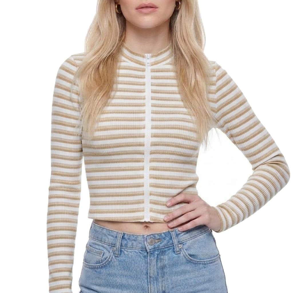 Striped Ribbed Stand Collar Zip Up Cropped Jacket