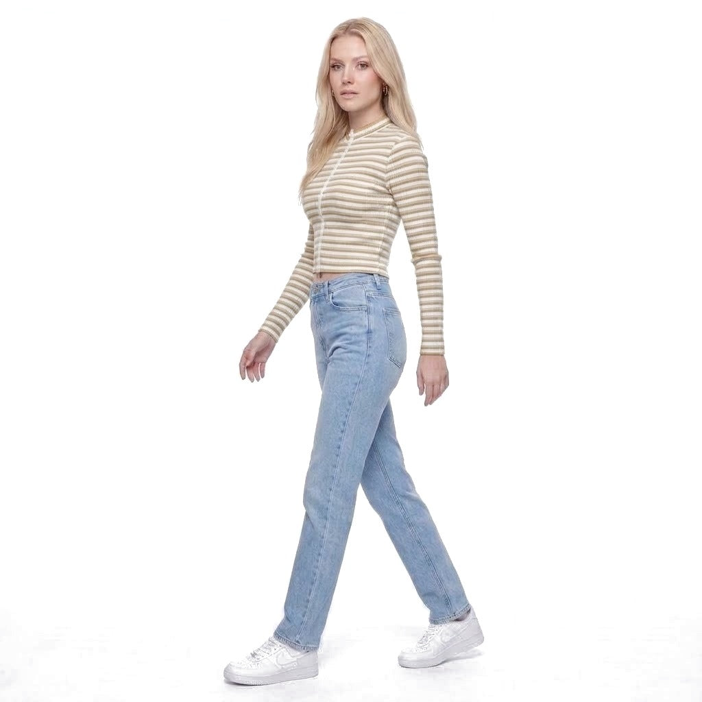 Striped Ribbed Stand Collar Zip Up Cropped Jacket