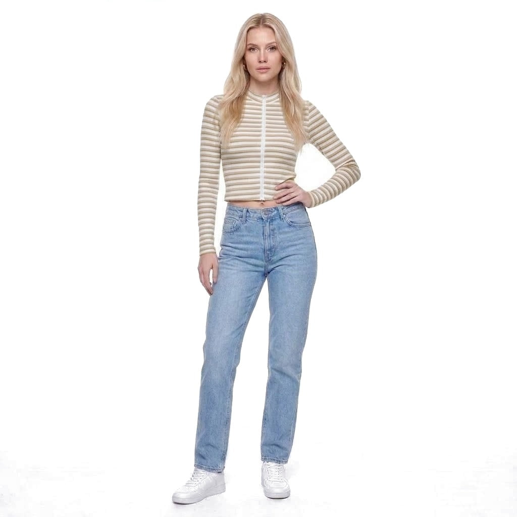 Striped Ribbed Stand Collar Zip Up Cropped Jacket