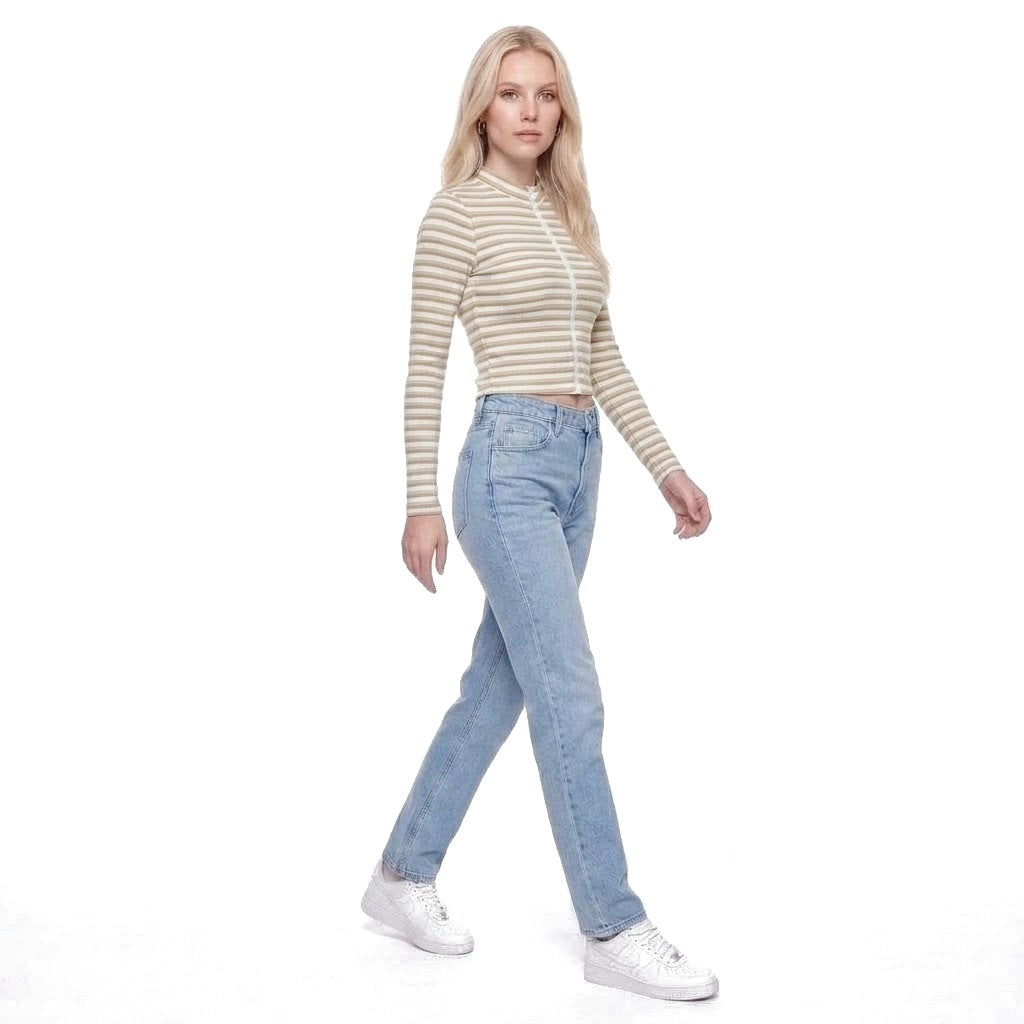 Striped Ribbed Stand Collar Zip Up Cropped Jacket