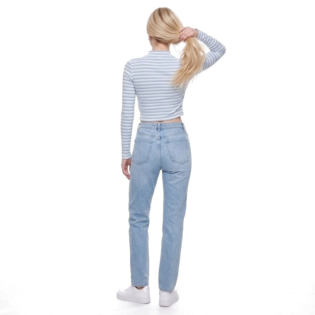 Striped Ribbed Stand Collar Zip Up Cropped Jacket