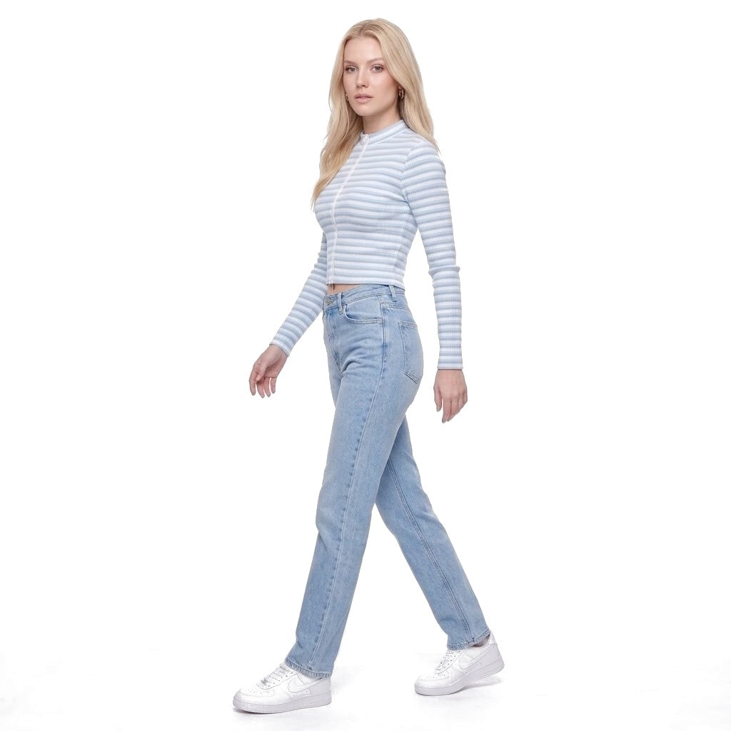 Striped Ribbed Stand Collar Zip Up Cropped Jacket