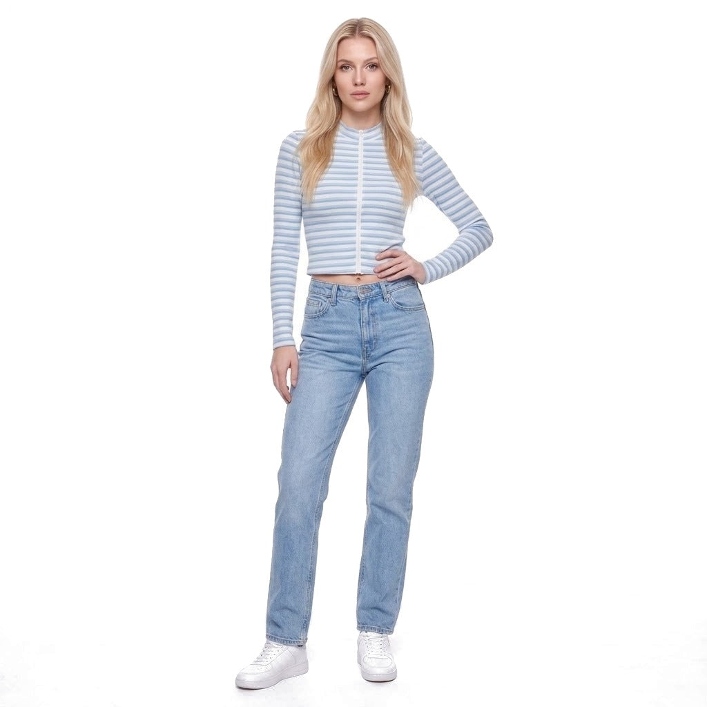 Striped Ribbed Stand Collar Zip Up Cropped Jacket
