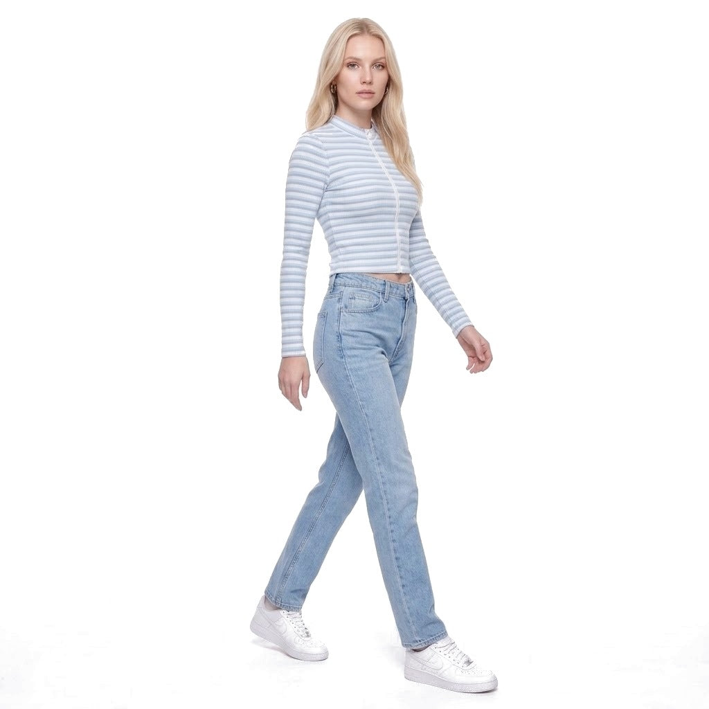 Striped Ribbed Stand Collar Zip Up Cropped Jacket