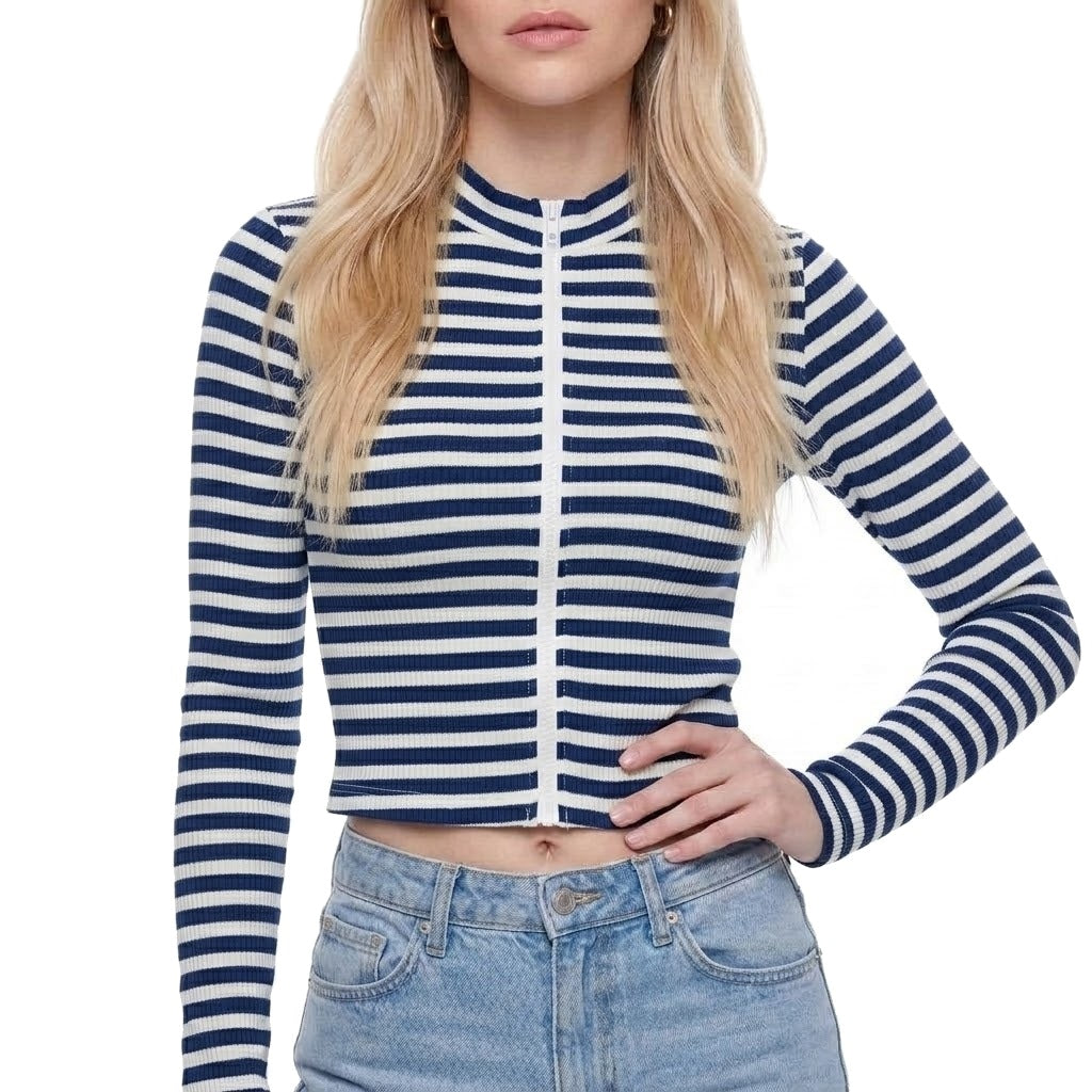 Striped Ribbed Stand Collar Zip Up Cropped Jacket