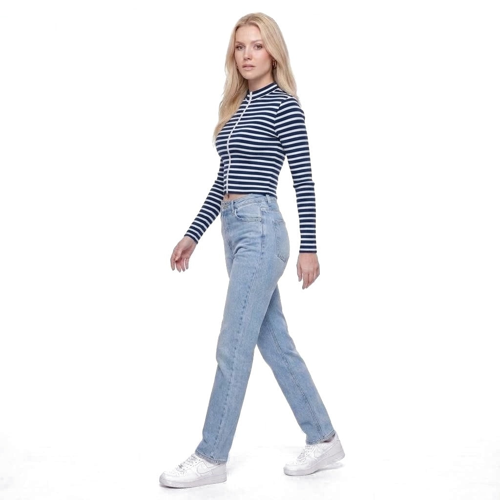 Striped Ribbed Stand Collar Zip Up Cropped Jacket