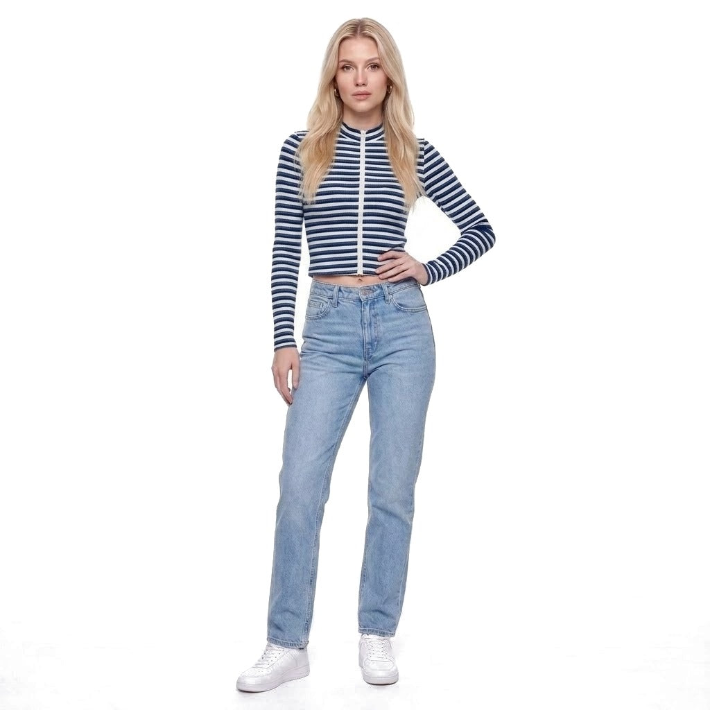 Striped Ribbed Stand Collar Zip Up Cropped Jacket