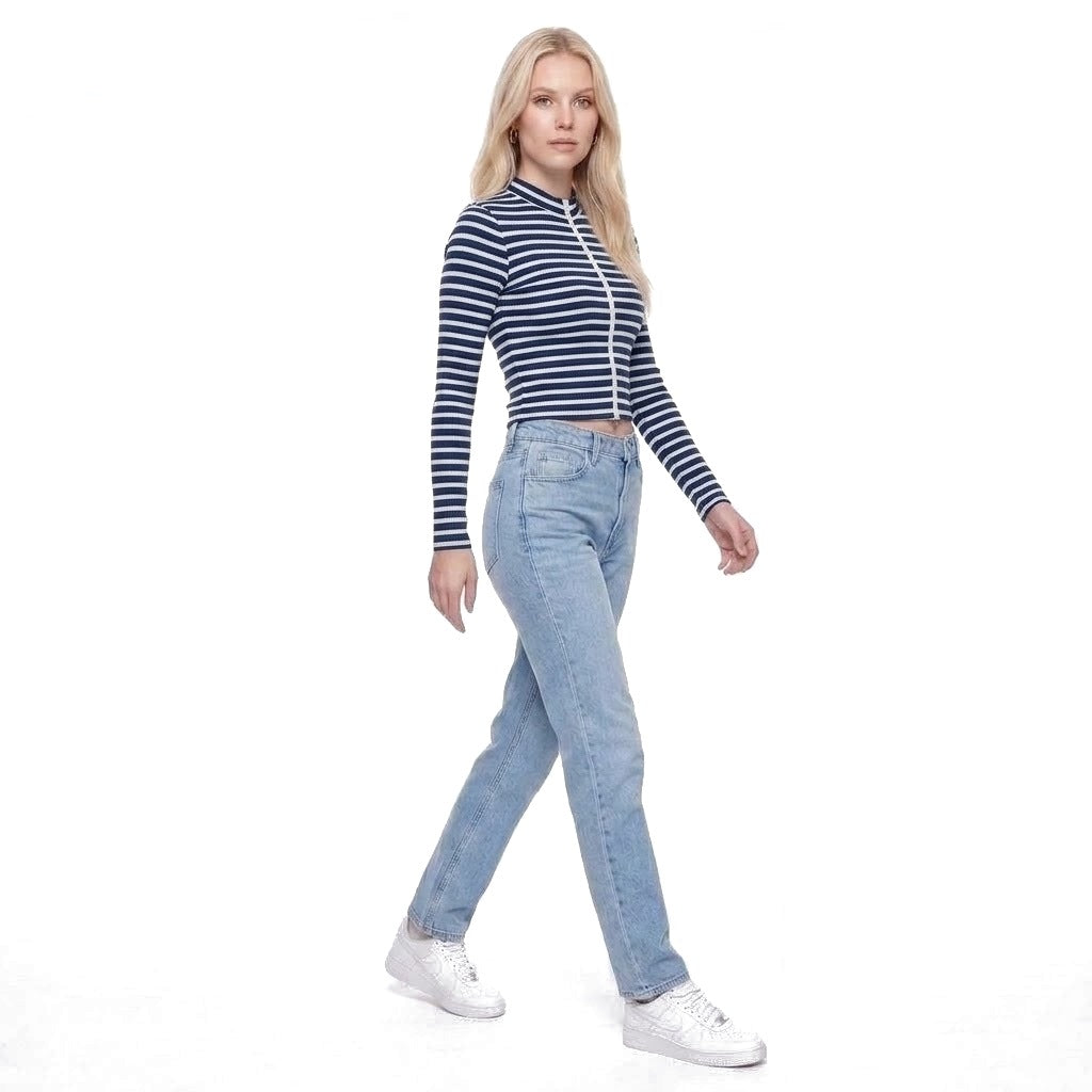 Striped Ribbed Stand Collar Zip Up Cropped Jacket