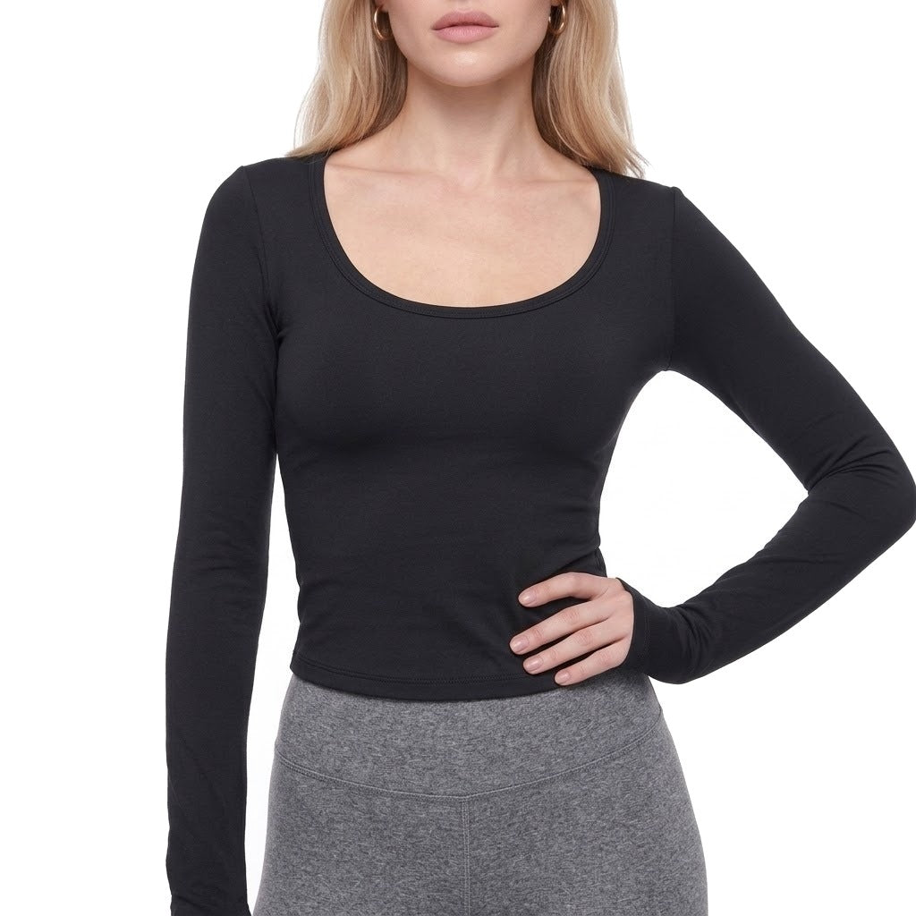 Scoop Neck Long Sleeve Thumbhole Fitted Yoga Top