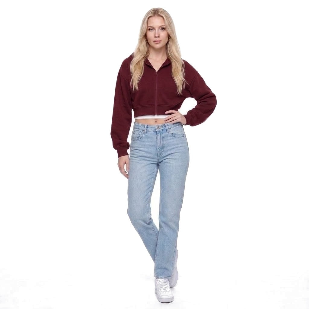 Cropped Zip Up Fleece Hoodie Sweatshirt Jacket