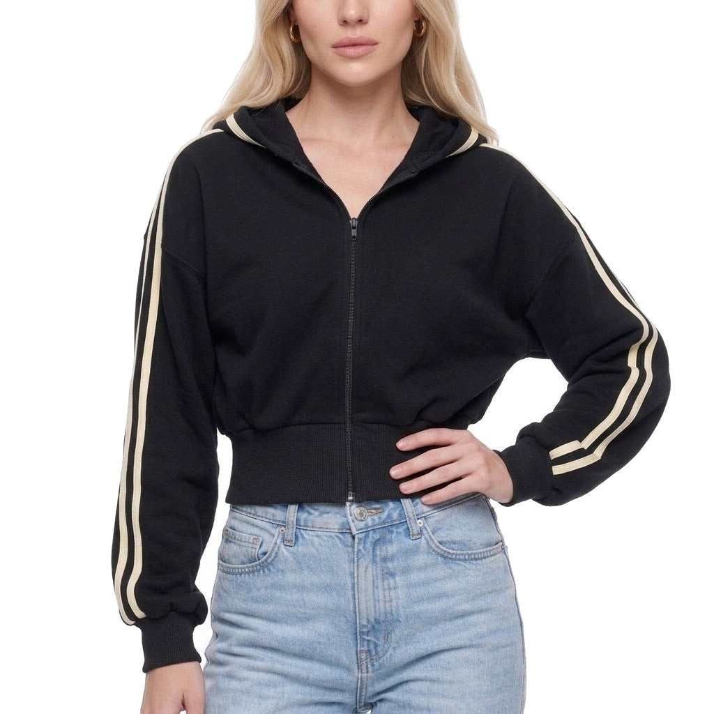 Cropped Contrast Stripe Zip Up Hoodie Sweatshirt Jacket