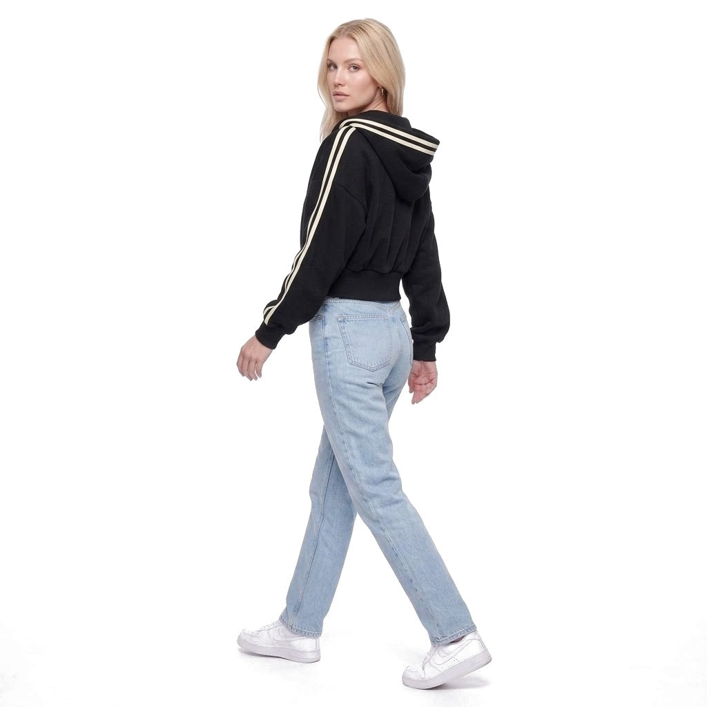 Cropped Contrast Stripe Zip Up Hoodie Sweatshirt Jacket