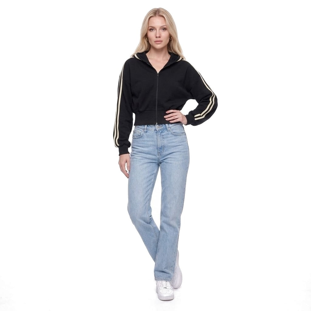 Cropped Contrast Stripe Zip Up Hoodie Sweatshirt Jacket