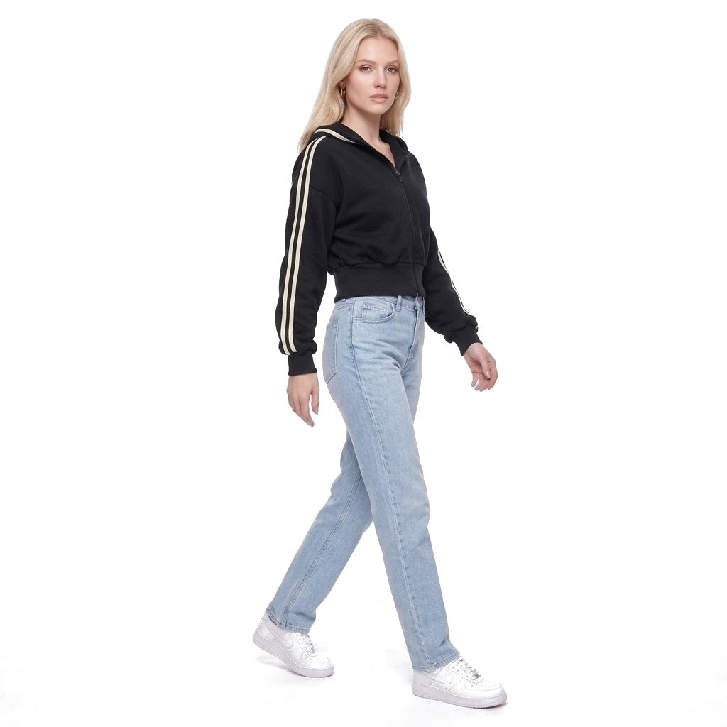 Cropped Contrast Stripe Zip Up Hoodie Sweatshirt Jacket