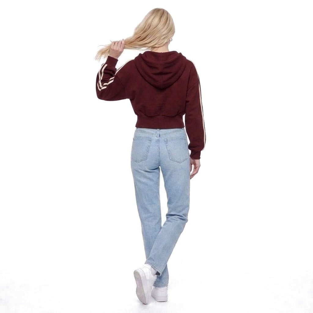 Cropped Contrast Stripe Zip Up Hoodie Sweatshirt Jacket