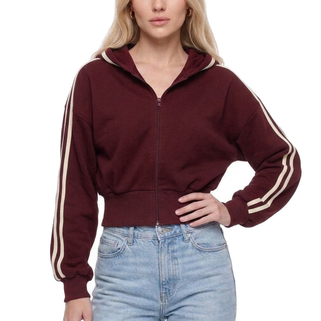 Cropped Contrast Stripe Zip Up Hoodie Sweatshirt Jacket
