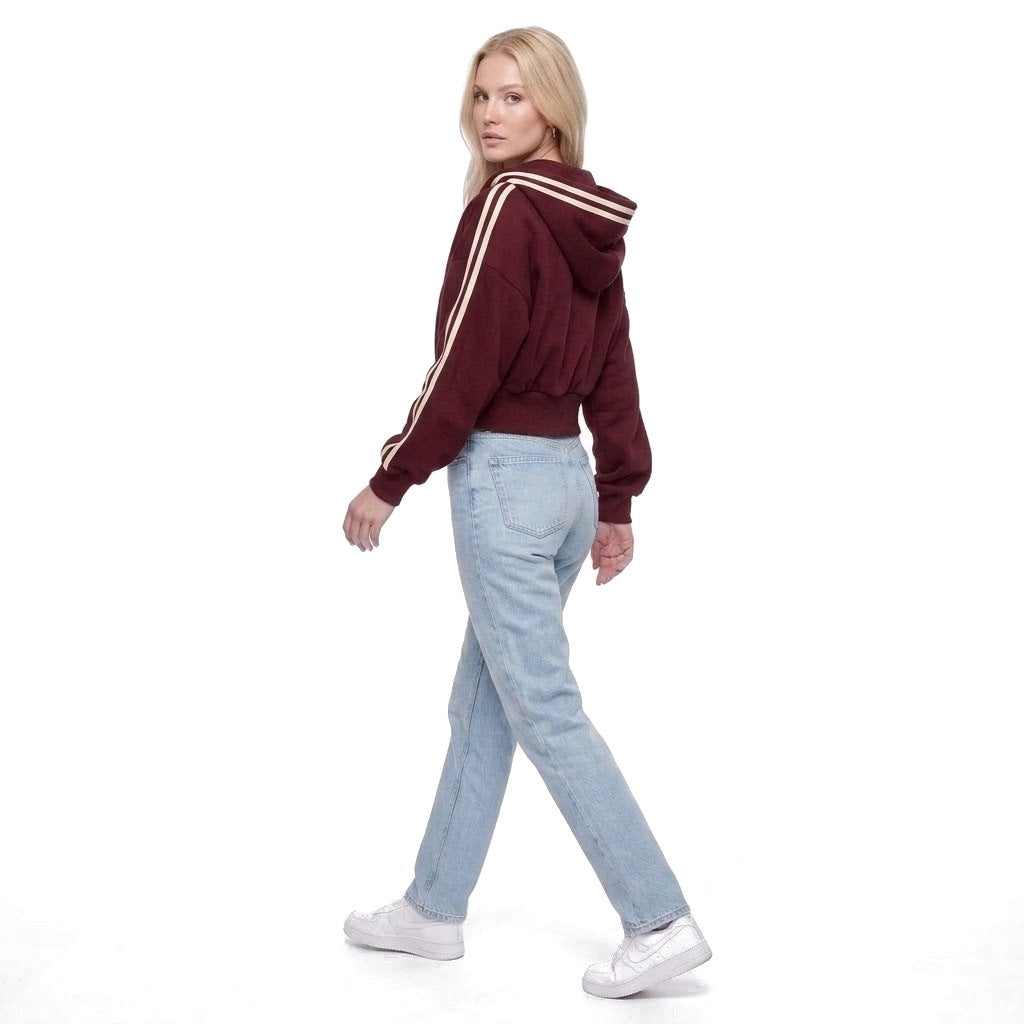 Cropped Contrast Stripe Zip Up Hoodie Sweatshirt Jacket