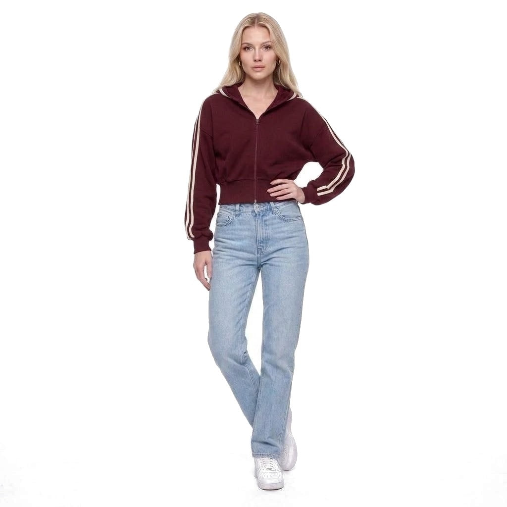 Cropped Contrast Stripe Zip Up Hoodie Sweatshirt Jacket