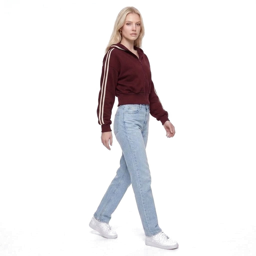 Cropped Contrast Stripe Zip Up Hoodie Sweatshirt Jacket