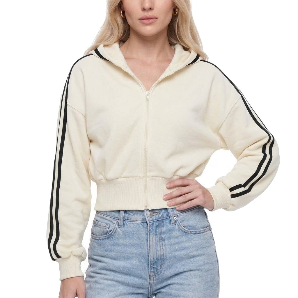 Cropped Contrast Stripe Zip Up Hoodie Sweatshirt Jacket