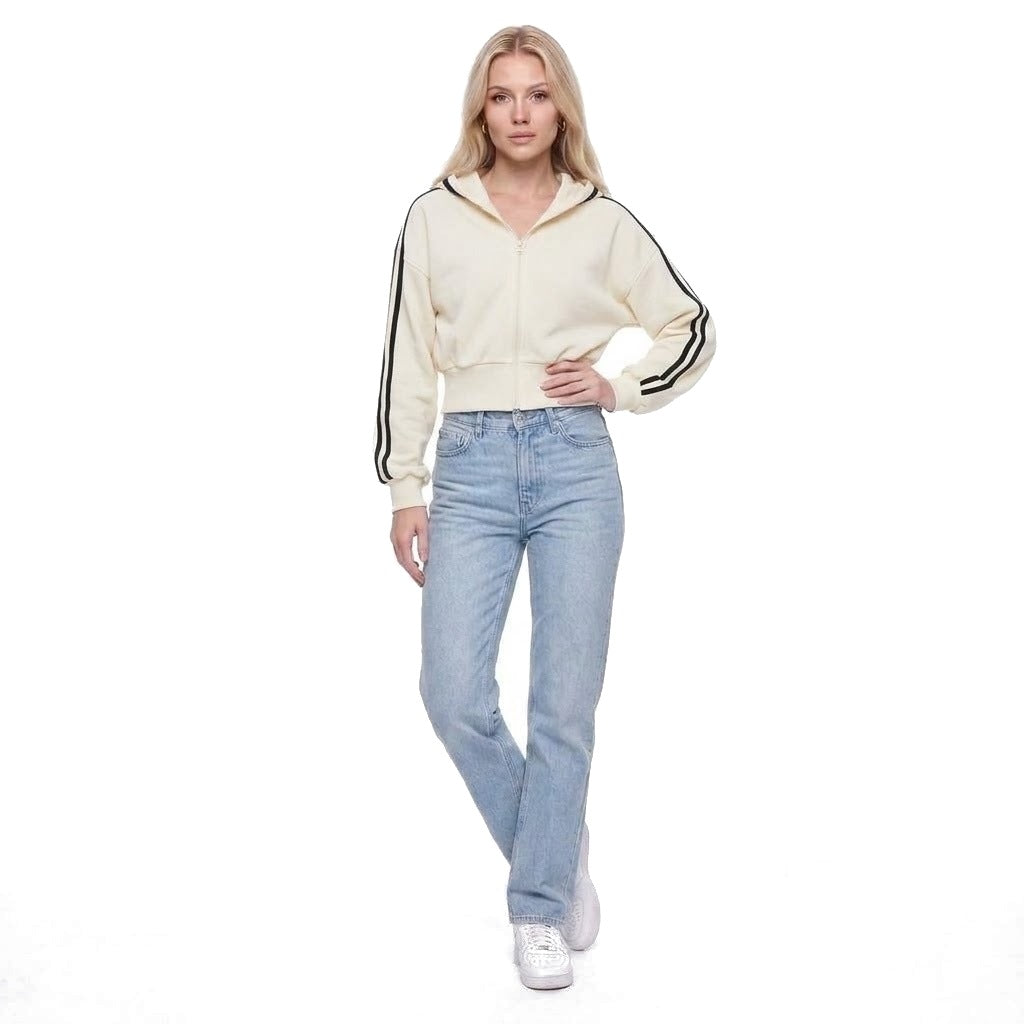 Cropped Contrast Stripe Zip Up Hoodie Sweatshirt Jacket