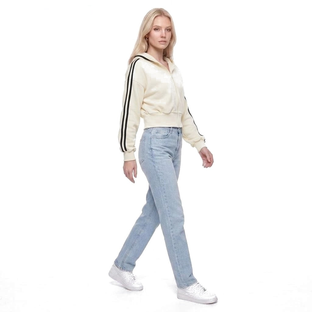 Cropped Contrast Stripe Zip Up Hoodie Sweatshirt Jacket