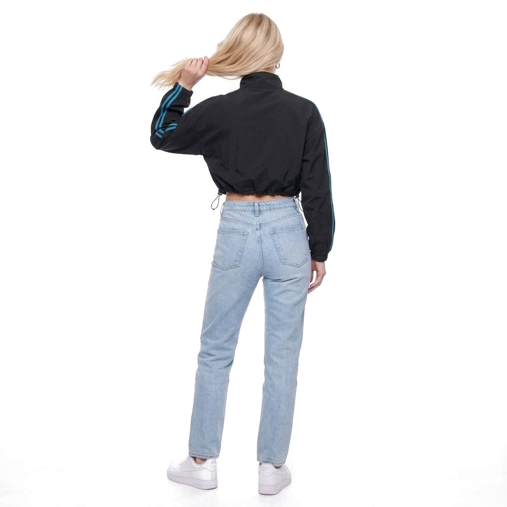 Cropped Stand Collar Zip Up Track Jacket with Drawstring Hem