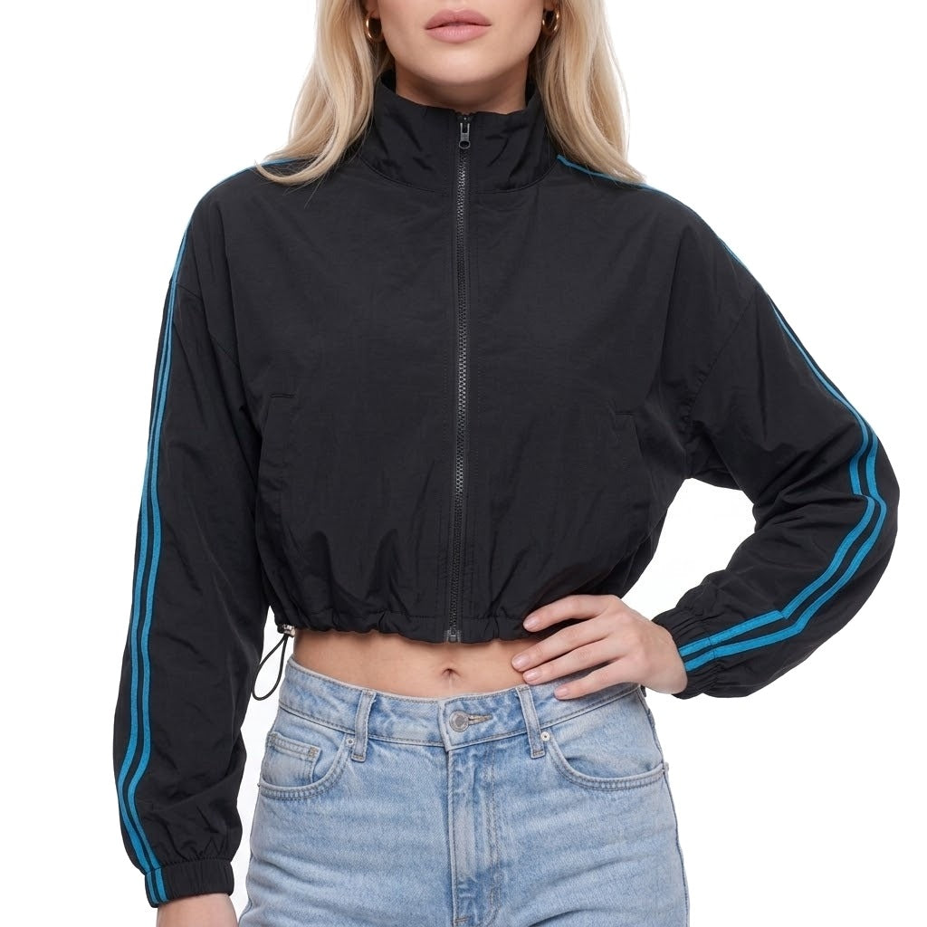 Cropped Stand Collar Zip Up Track Jacket with Drawstring Hem
