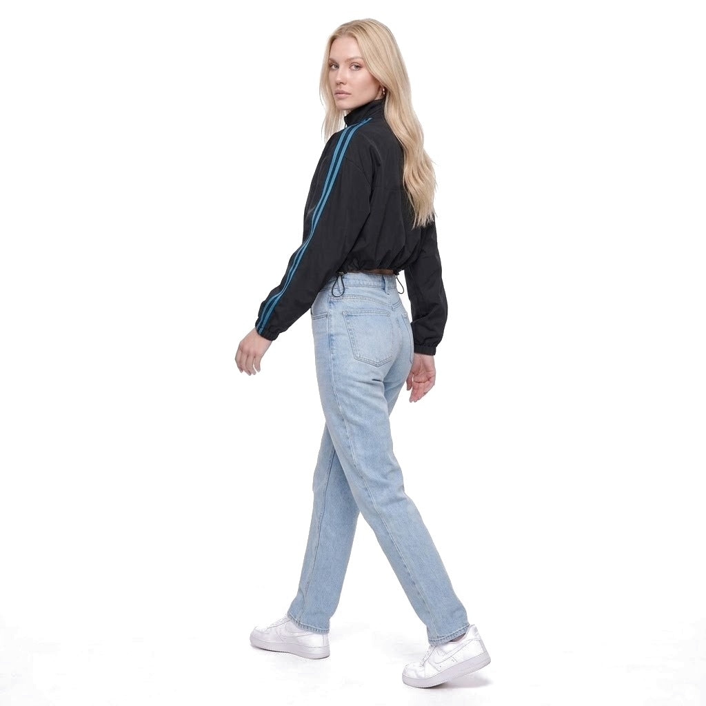 Cropped Stand Collar Zip Up Track Jacket with Drawstring Hem