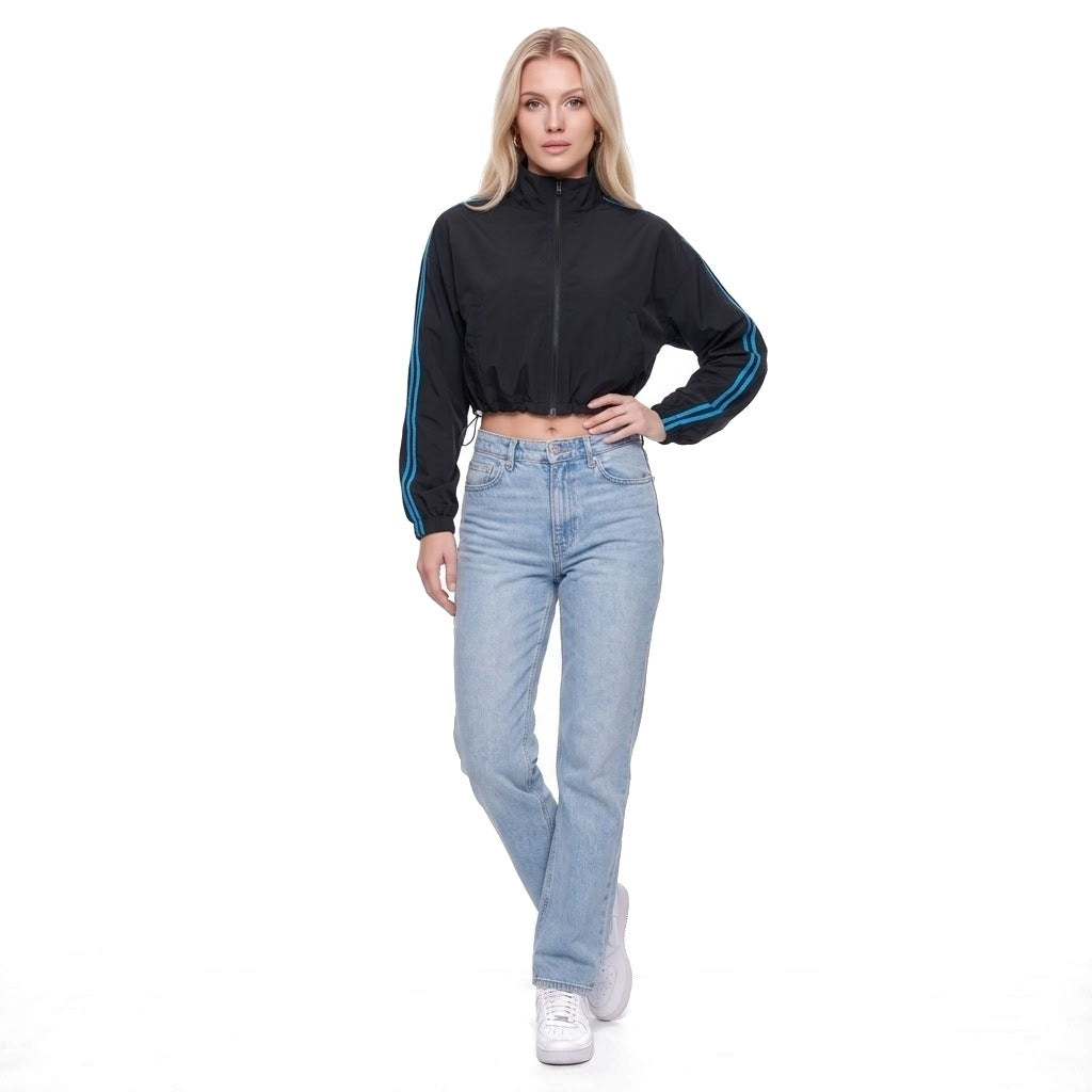 Cropped Stand Collar Zip Up Track Jacket with Drawstring Hem