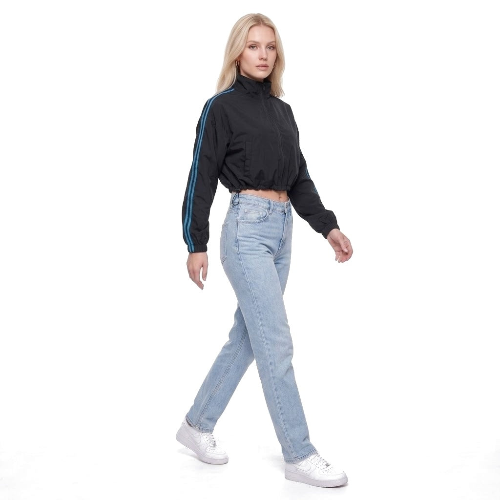 Cropped Stand Collar Zip Up Track Jacket with Drawstring Hem