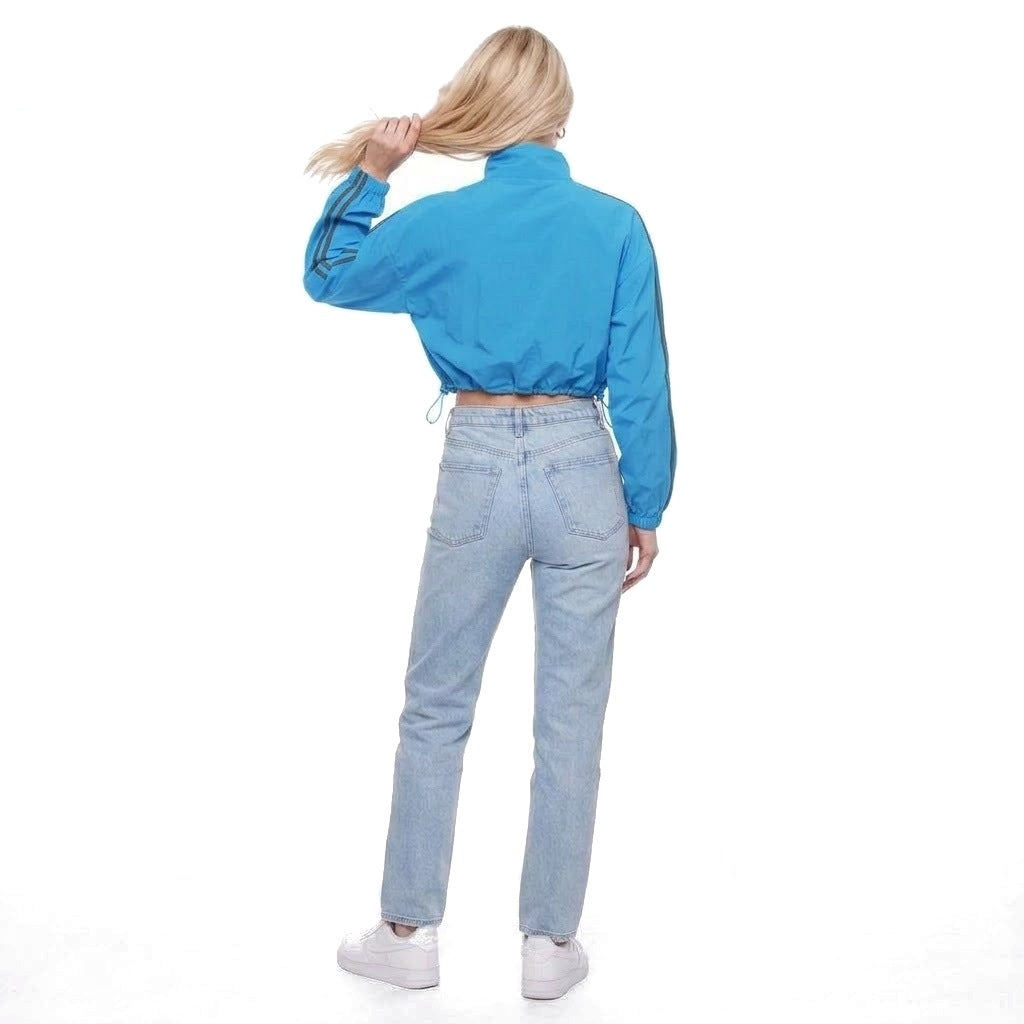 Cropped Stand Collar Zip Up Track Jacket with Drawstring Hem