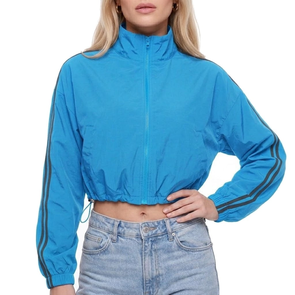 Cropped Stand Collar Zip Up Track Jacket with Drawstring Hem